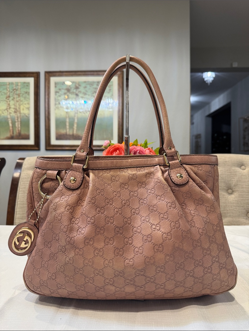 Authentic Gucci Blush Pink Guccisma Leather Shoulder Bag with GG Charm